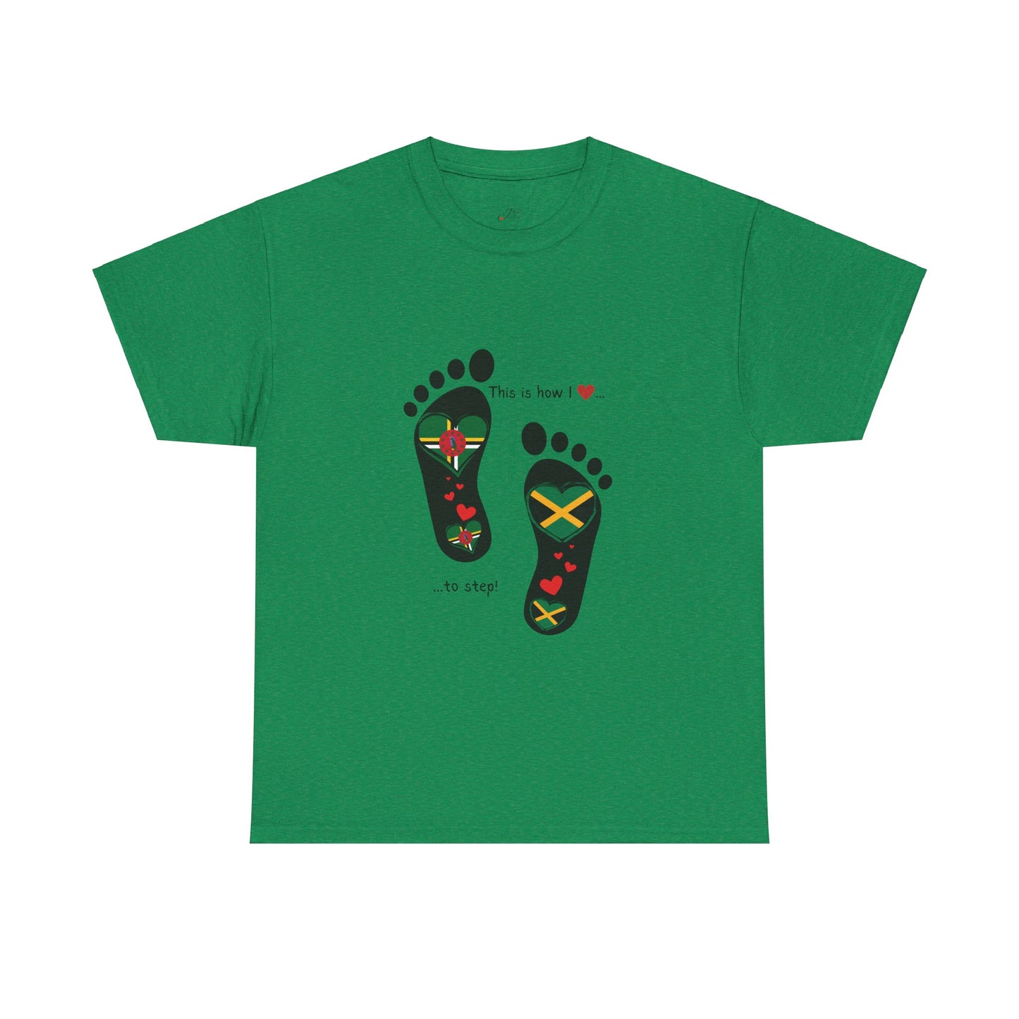 Jamaica & Dominica Flag in Footsteps Tee: Unique Unisex Soft style tee-Shirt for Dual Heritage Pride!  Island Flag Fusion Apparel