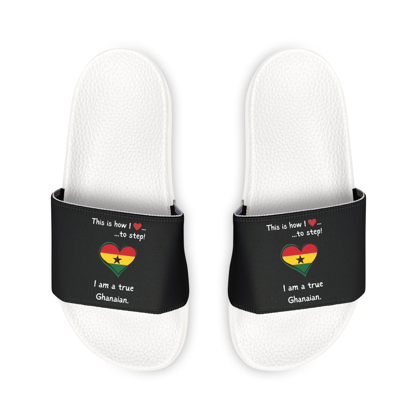 Men's PU Slide Sandals - Step into the vibrant culture of Ghana with our Heart-shaped Ghanaian flag slider footwear from LoveJustJules!