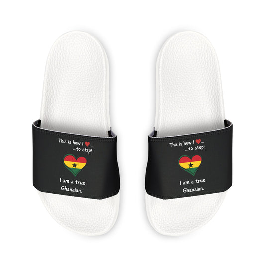 Men's PU Slide Sandals - Step into the vibrant culture of Ghana with our Heart-shaped Ghanaian flag slider footwear from LoveJustJules!