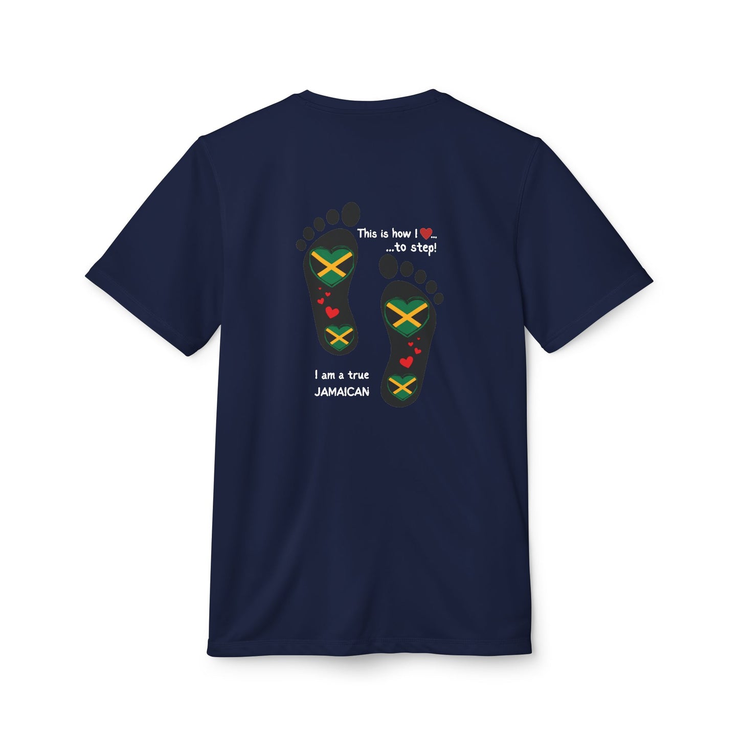 adidas® Unisex Sport T-shirt - LoveJustJules Heart-Shaped Flag of Jamaica in Footprints Top - A Fusion of Style, Patriotism, and adidas® Quality