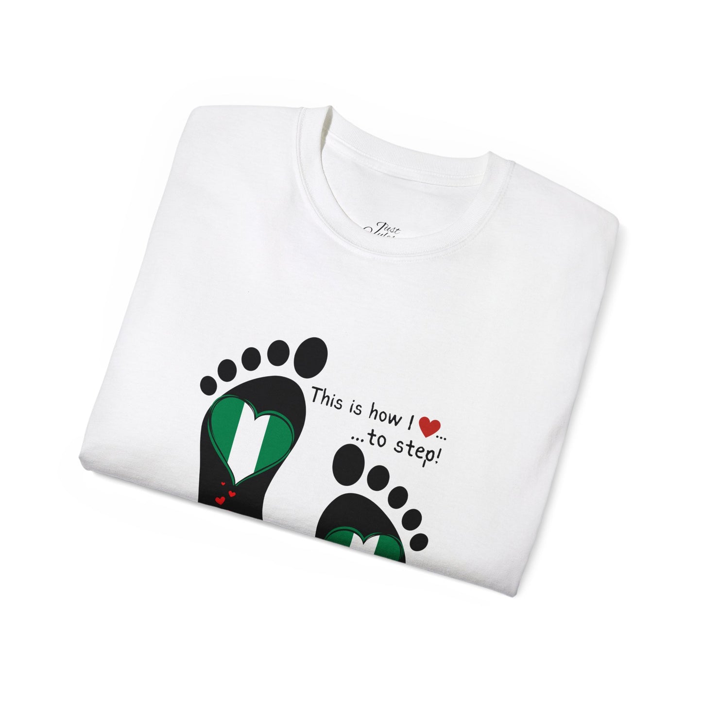 Unisex Ultra Cotton Tee - Nigerian Heart-Shaped Flag in Footprints