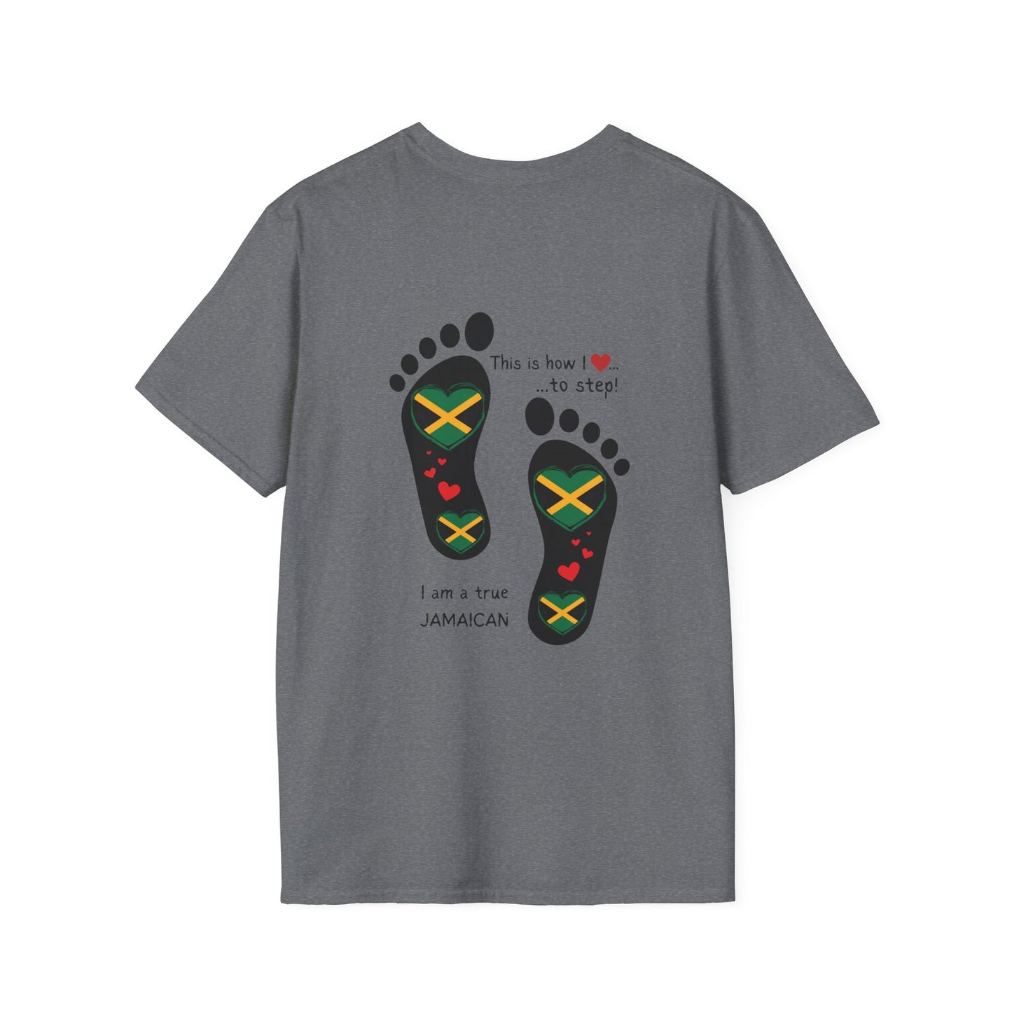 Heart-Shaped Jamaican Flag in Footsteps Unisex Softstyle Tee: Island Pride in Every Step! Jamaican Gift Idea. Love Jamaica. Heritage Pride.