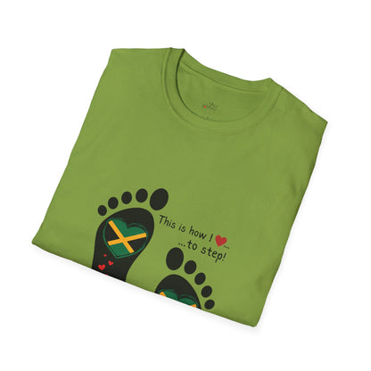 Heart-Shaped Jamaican Flag in Footsteps Unisex Softstyle Tee: Island Pride in Every Step! Jamaican Gift Idea. Love Jamaica. Heritage Pride.