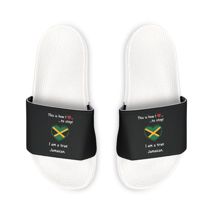 Men's PU Slide Sandals - Step into Jamaican pride with our newly designed Heart-shaped Jamaican flag slider footwear from LoveJustJules!