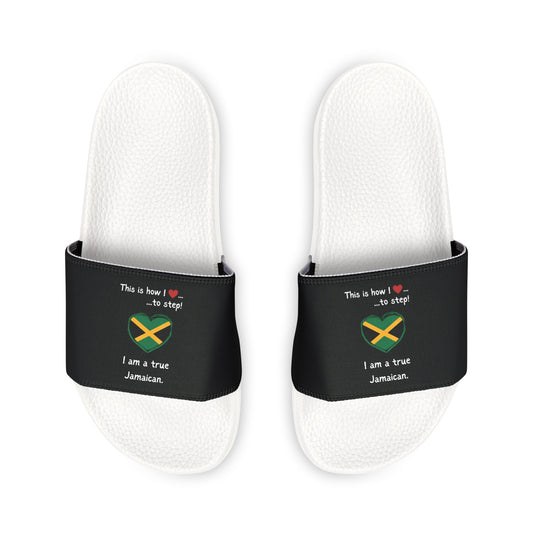 Men's PU Slide Sandals - Step into Jamaican pride with our newly designed Heart-shaped Jamaican flag slider footwear from LoveJustJules!