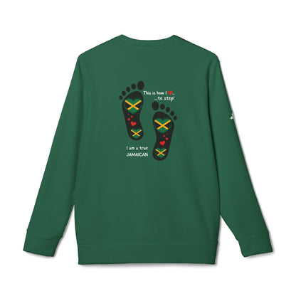 adidas® Unisex Fleece Crewneck Sweatshirt - LoveJustJules Heart-Shaped Flag of Jamaica in Footprints Top - A Fusion of Style, Patriotism, and adidas® Quality