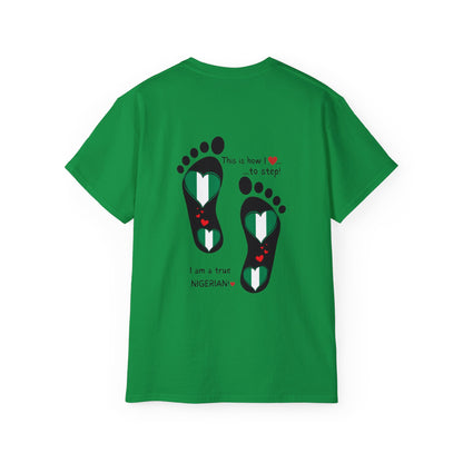 Unisex Ultra Cotton Tee - Nigerian Heart-Shaped Flag in Footprints