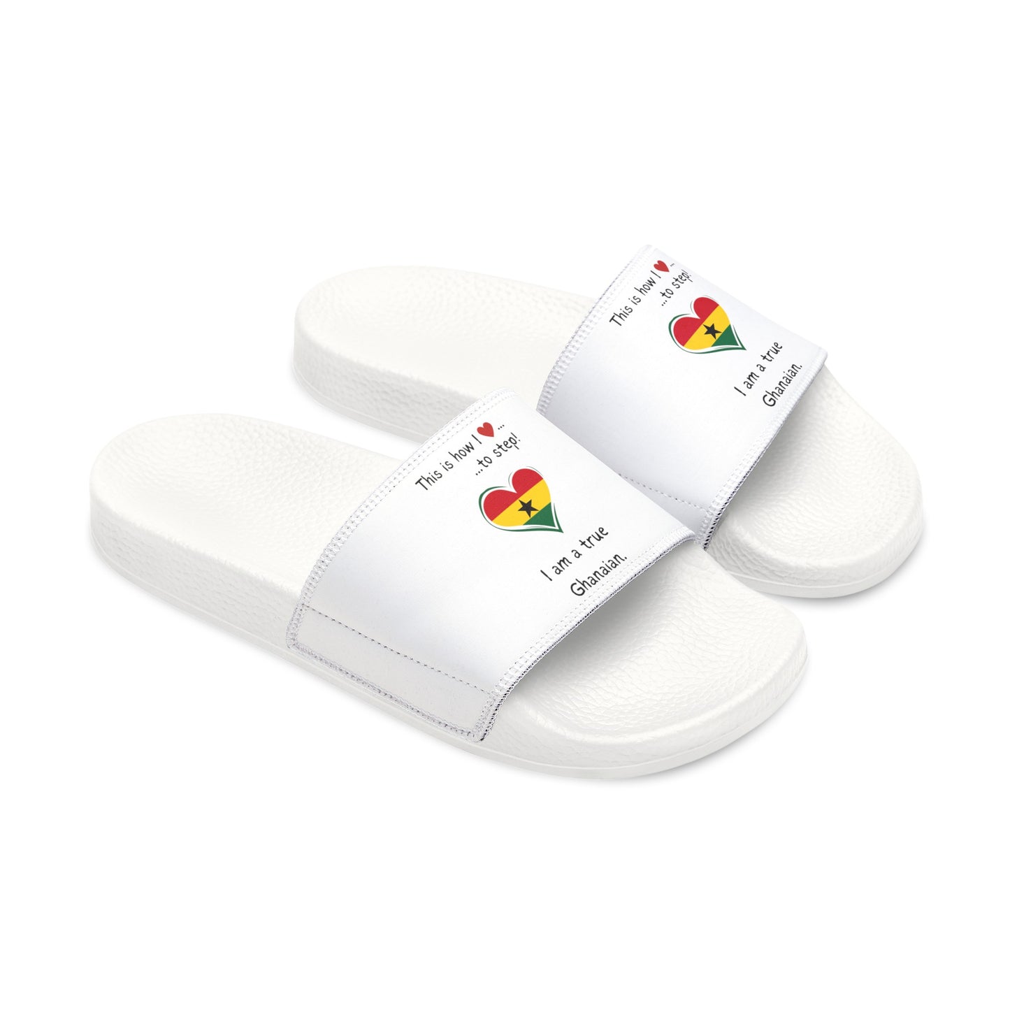 Men's PU Slide Sandals - Step into the vibrant culture of Ghana with our Heart-shaped Ghanaian flag slider footwear from LoveJustJules!