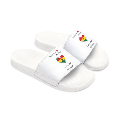 Men's PU Slide Sandals - Step into the vibrant culture of Ghana with our Heart-shaped Ghanaian flag slider footwear from LoveJustJules!