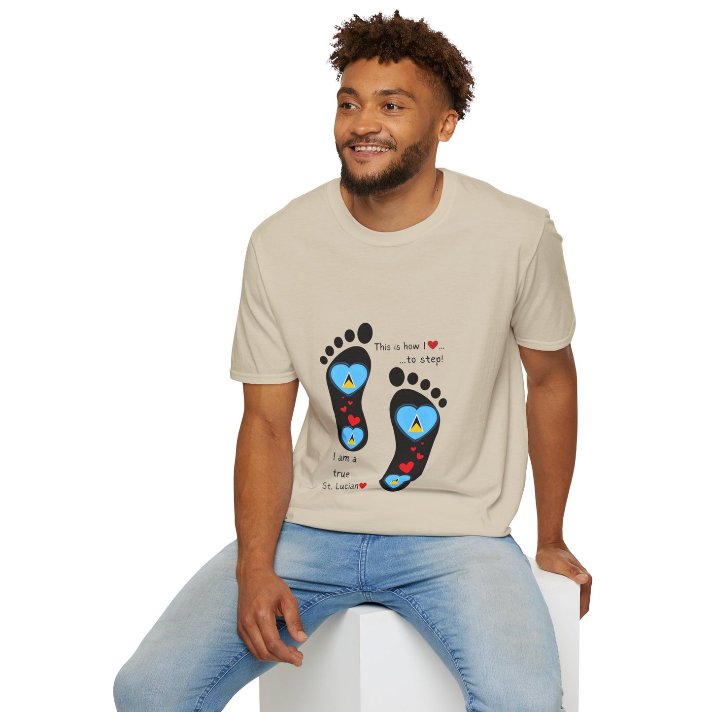 Step into Caribbean Elegance: Saint Lucia Heart-Shaped Flags in Footprints Unisex Softstyle Tee for Casual Comfort and Island Pride!