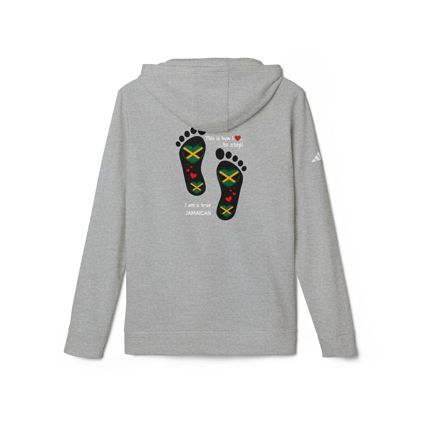 adidas® Unisex Fleece Hoodie - LoveJustJules Heart-Shaped Flag of Jamaica in Footprints Top - A Fusion of Style, Patriotism, and adidas® Quality -