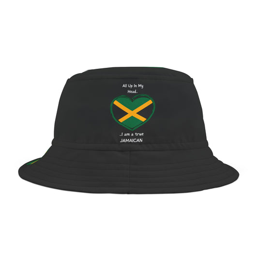 Black Coloured - Heart-Shaped Jamaican Flag Bucket Hat with 'All Up In My Head... I am a True Jamaican' Text