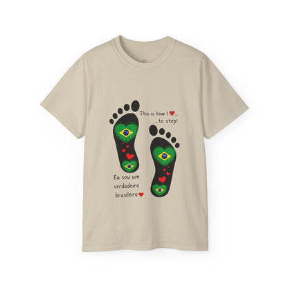 Front and Back Print Design - Brazil Heart-Shaped Flags in Footprints - Unisex Tee-Shirt Gift Idea