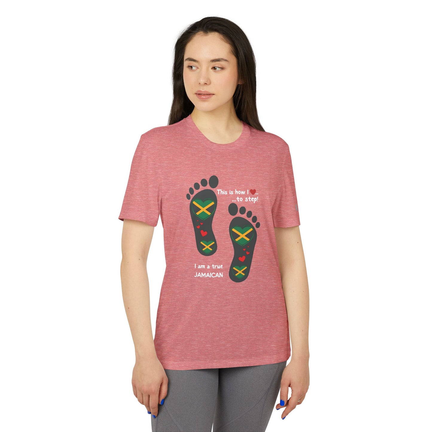 adidas® Unisex Sport T-shirt - LoveJustJules Heart-Shaped Flag of Jamaica in Footprints Top - A Fusion of Style, Patriotism, and adidas® Quality