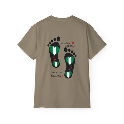 Unisex Ultra Cotton Tee - Nigerian Heart-Shaped Flag in Footprints