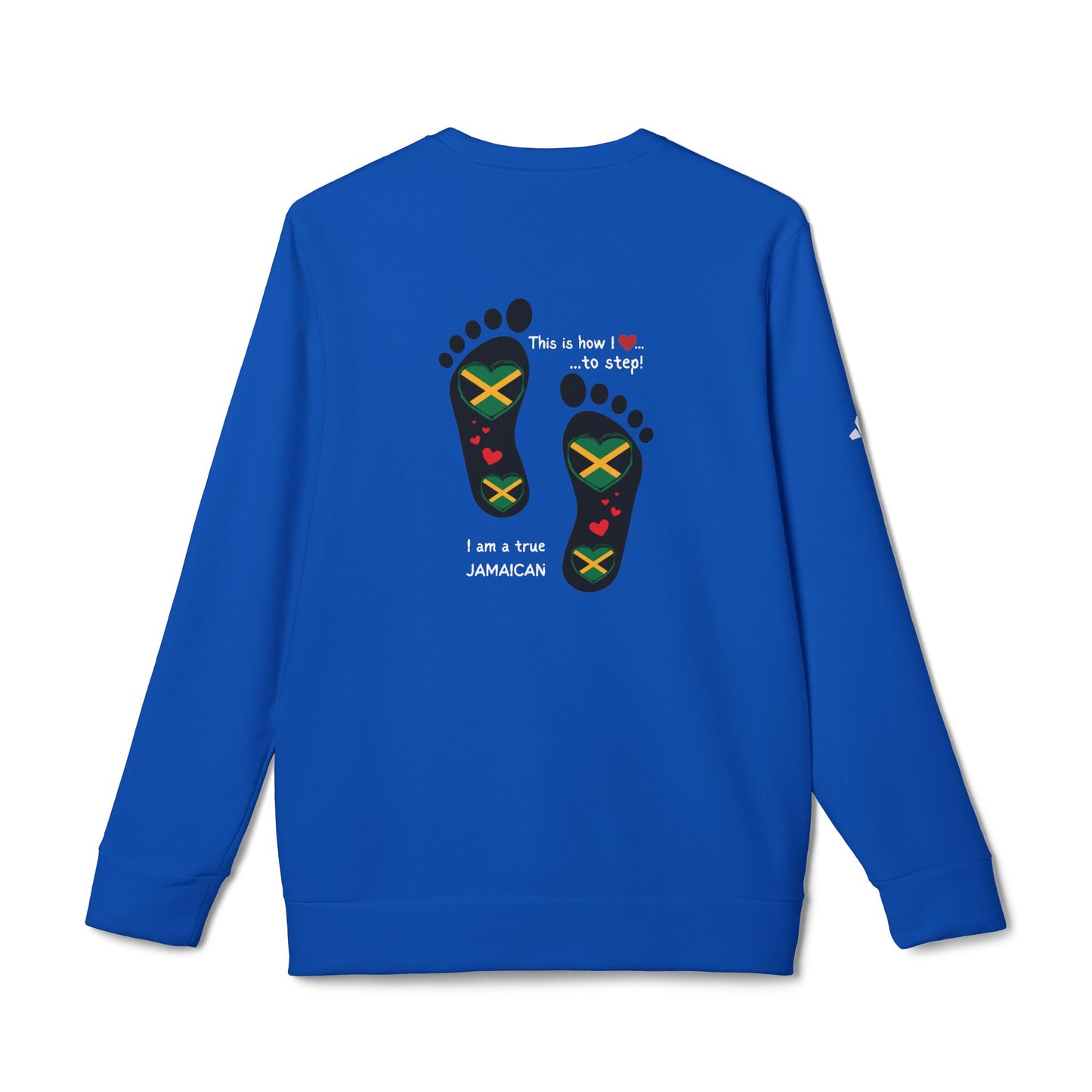 adidas® Unisex Fleece Crewneck Sweatshirt - LoveJustJules Heart-Shaped Flag of Jamaica in Footprints Top - A Fusion of Style, Patriotism, and adidas® Quality