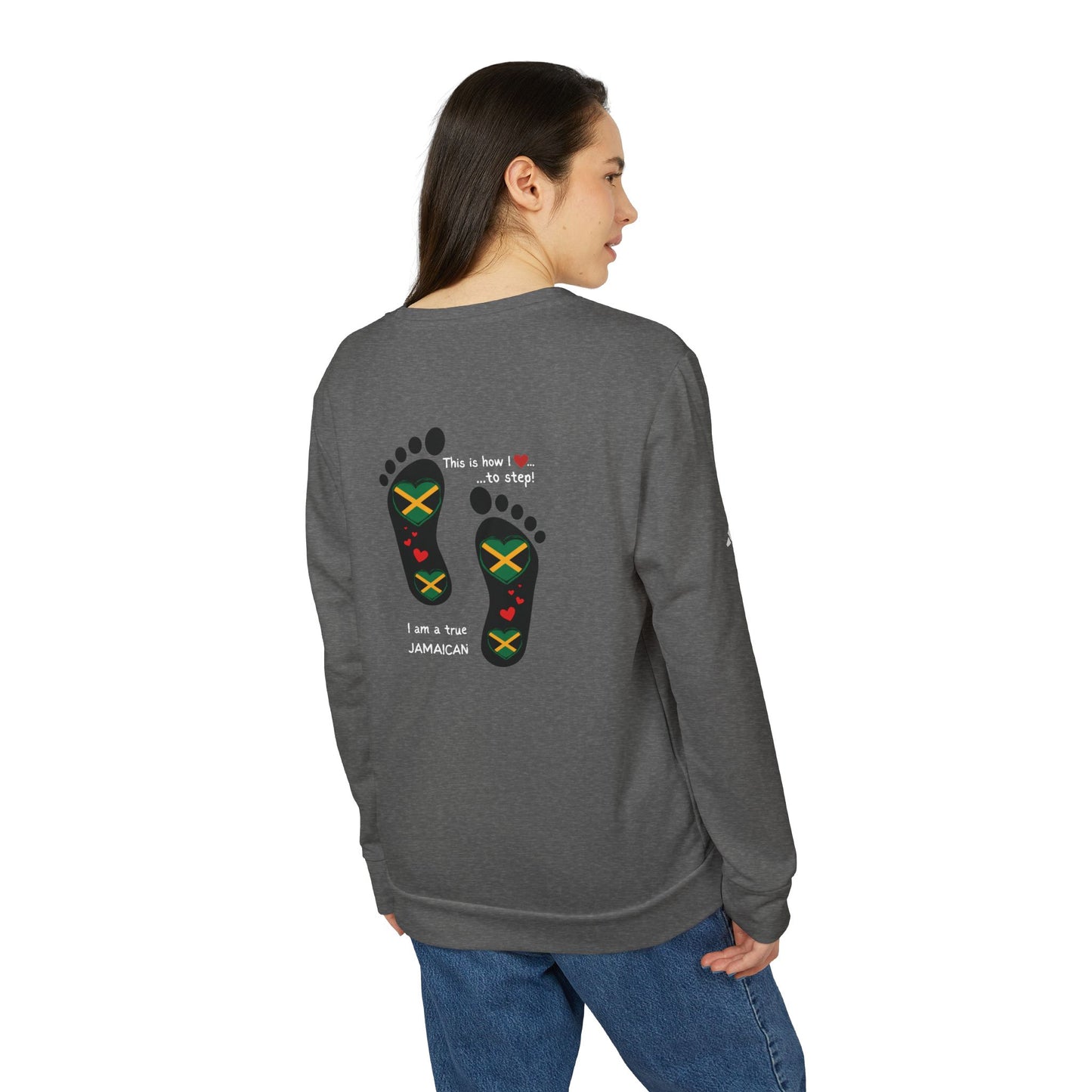 adidas® Unisex Fleece Crewneck Sweatshirt - LoveJustJules Heart-Shaped Flag of Jamaica in Footprints Top - A Fusion of Style, Patriotism, and adidas® Quality