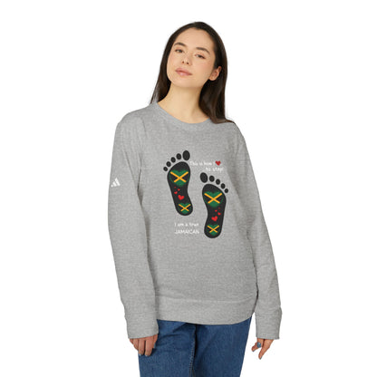 adidas® Unisex Fleece Crewneck Sweatshirt - LoveJustJules Heart-Shaped Flag of Jamaica in Footprints Top - A Fusion of Style, Patriotism, and adidas® Quality