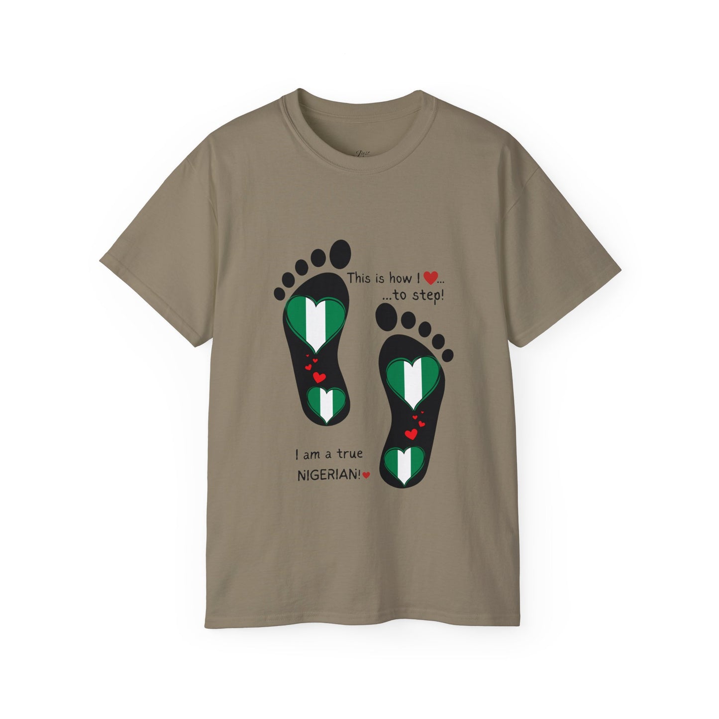 Unisex Ultra Cotton Tee - Nigerian Heart-Shaped Flag in Footprints