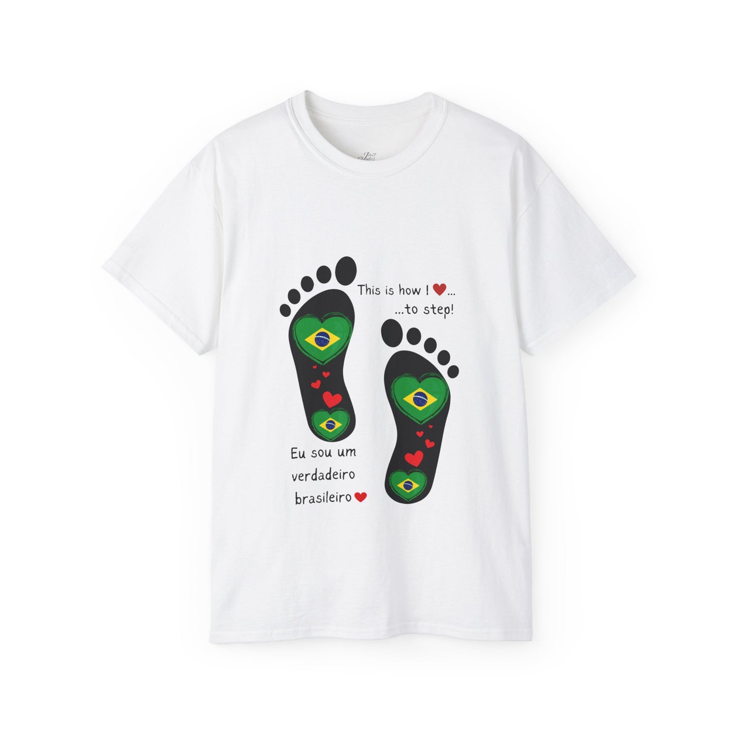 Front and Back Print Design - Brazil Heart-Shaped Flags in Footprints - Unisex Tee-Shirt Gift Idea