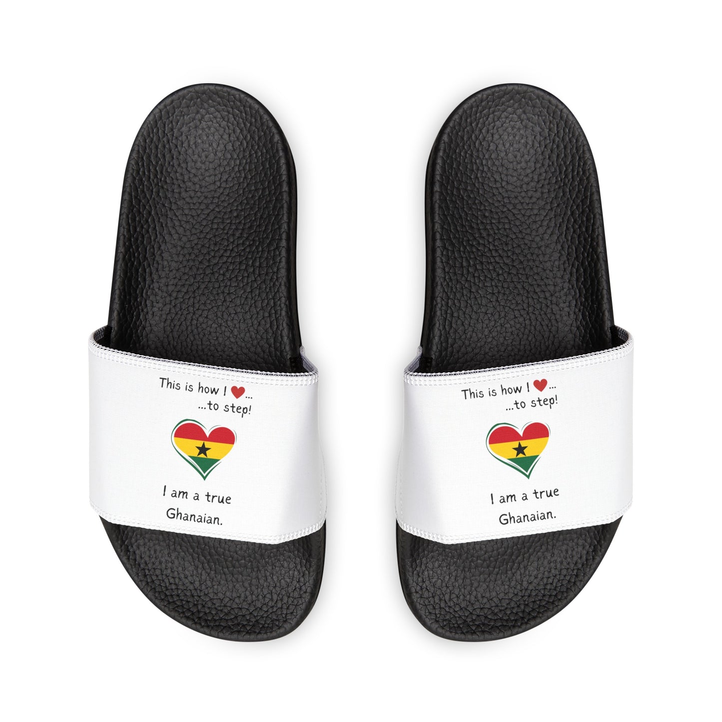 Women's PU Slide Sandals - Step into the vibrant culture of Ghana with our Heart-shaped Ghanaian flag slider footwear from LoveJustJules!