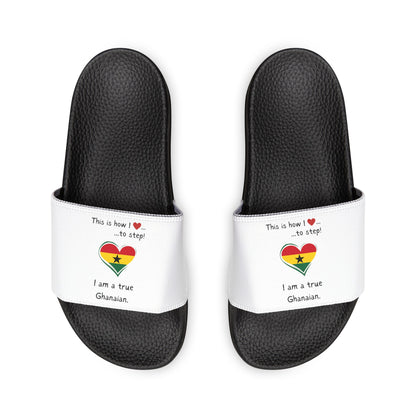 Women's PU Slide Sandals - Step into the vibrant culture of Ghana with our Heart-shaped Ghanaian flag slider footwear from LoveJustJules!