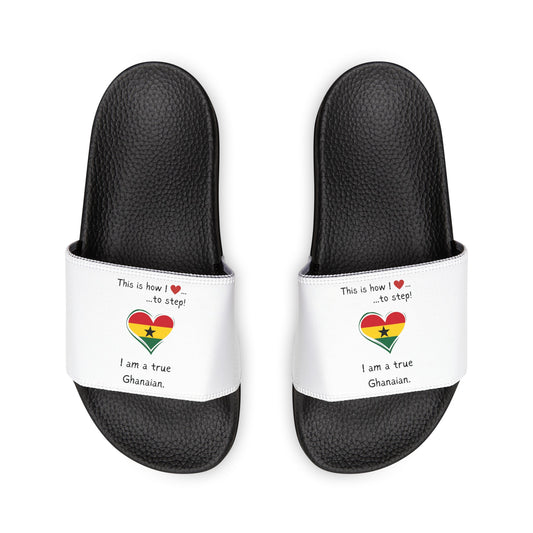 Women's PU Slide Sandals - Step into the vibrant culture of Ghana with our Heart-shaped Ghanaian flag slider footwear from LoveJustJules!