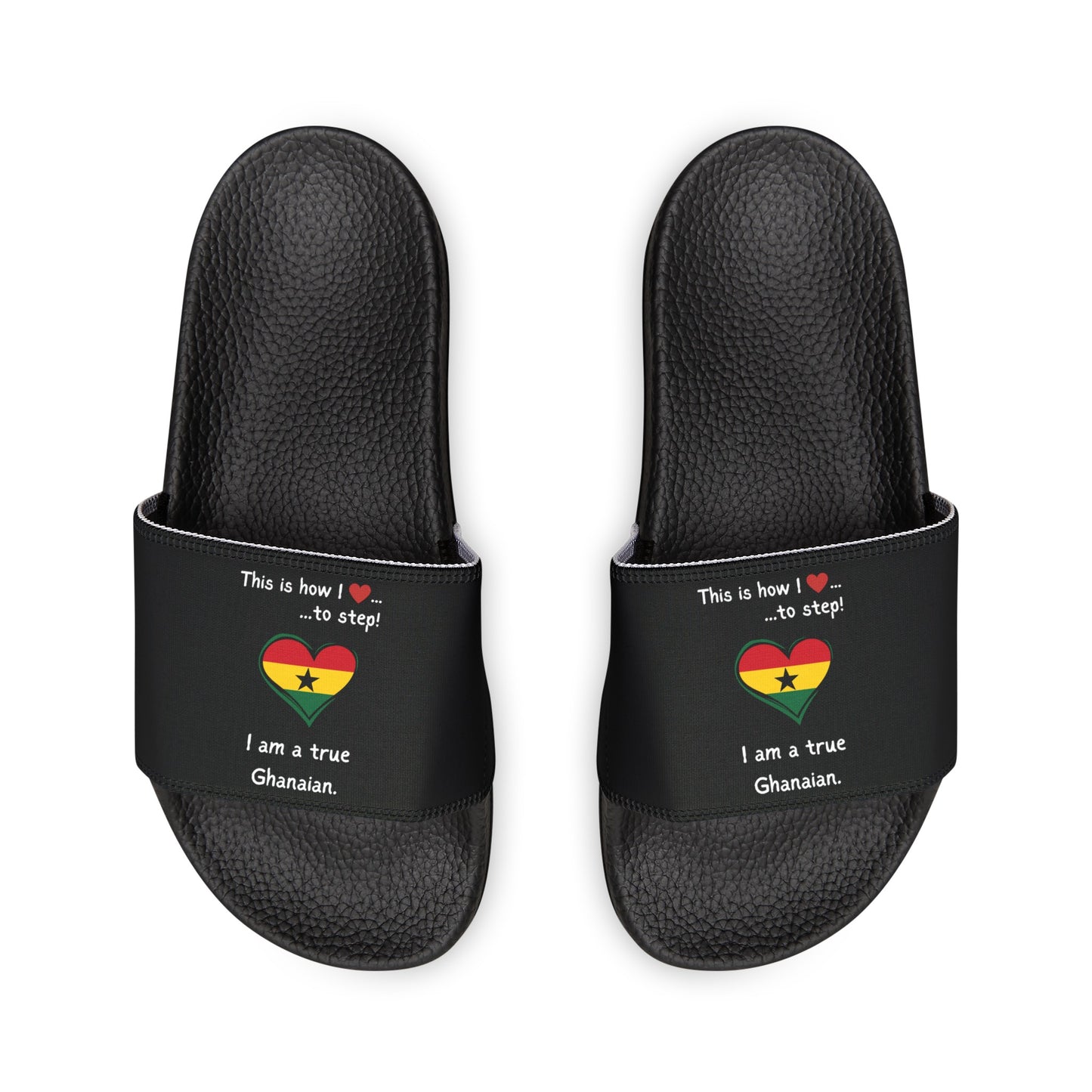 Women's PU Slide Sandals - Step into the vibrant culture of Ghana with our Heart-shaped flag slider footwear from LoveJustJules!