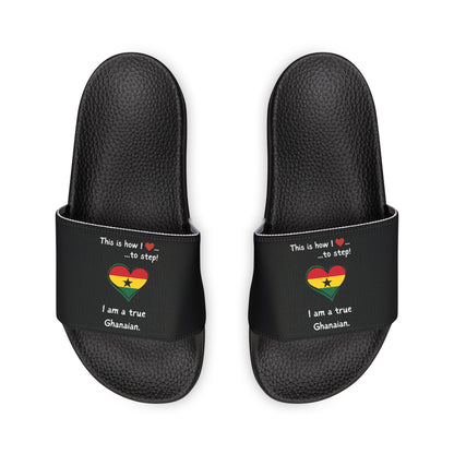 Women's PU Slide Sandals - Step into the vibrant culture of Ghana with our Heart-shaped flag slider footwear from LoveJustJules!