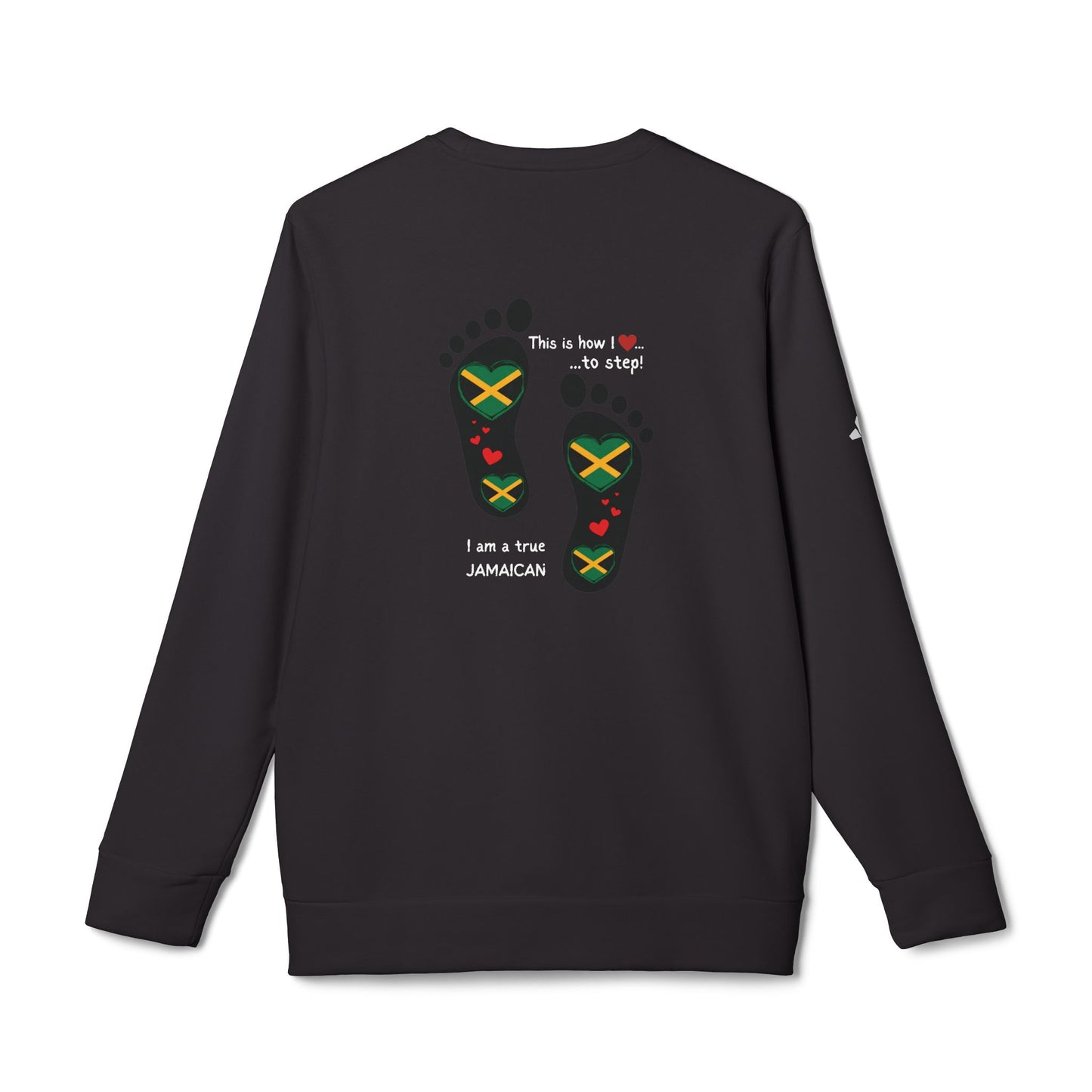 adidas® Unisex Fleece Crewneck Sweatshirt - LoveJustJules Heart-Shaped Flag of Jamaica in Footprints Top - A Fusion of Style, Patriotism, and adidas® Quality