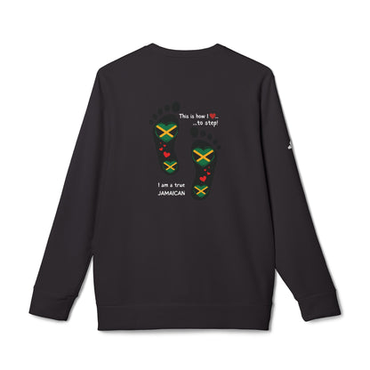 adidas® Unisex Fleece Crewneck Sweatshirt - LoveJustJules Heart-Shaped Flag of Jamaica in Footprints Top - A Fusion of Style, Patriotism, and adidas® Quality