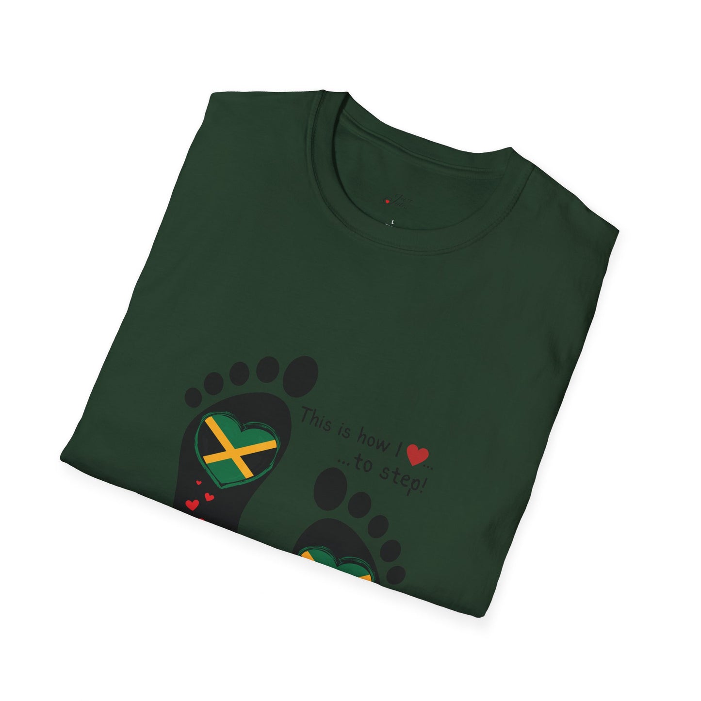 Heart-Shaped Jamaican Flag in Footsteps Unisex Softstyle Tee: Island Pride in Every Step! Jamaican Gift Idea. Love Jamaica. Heritage Pride.