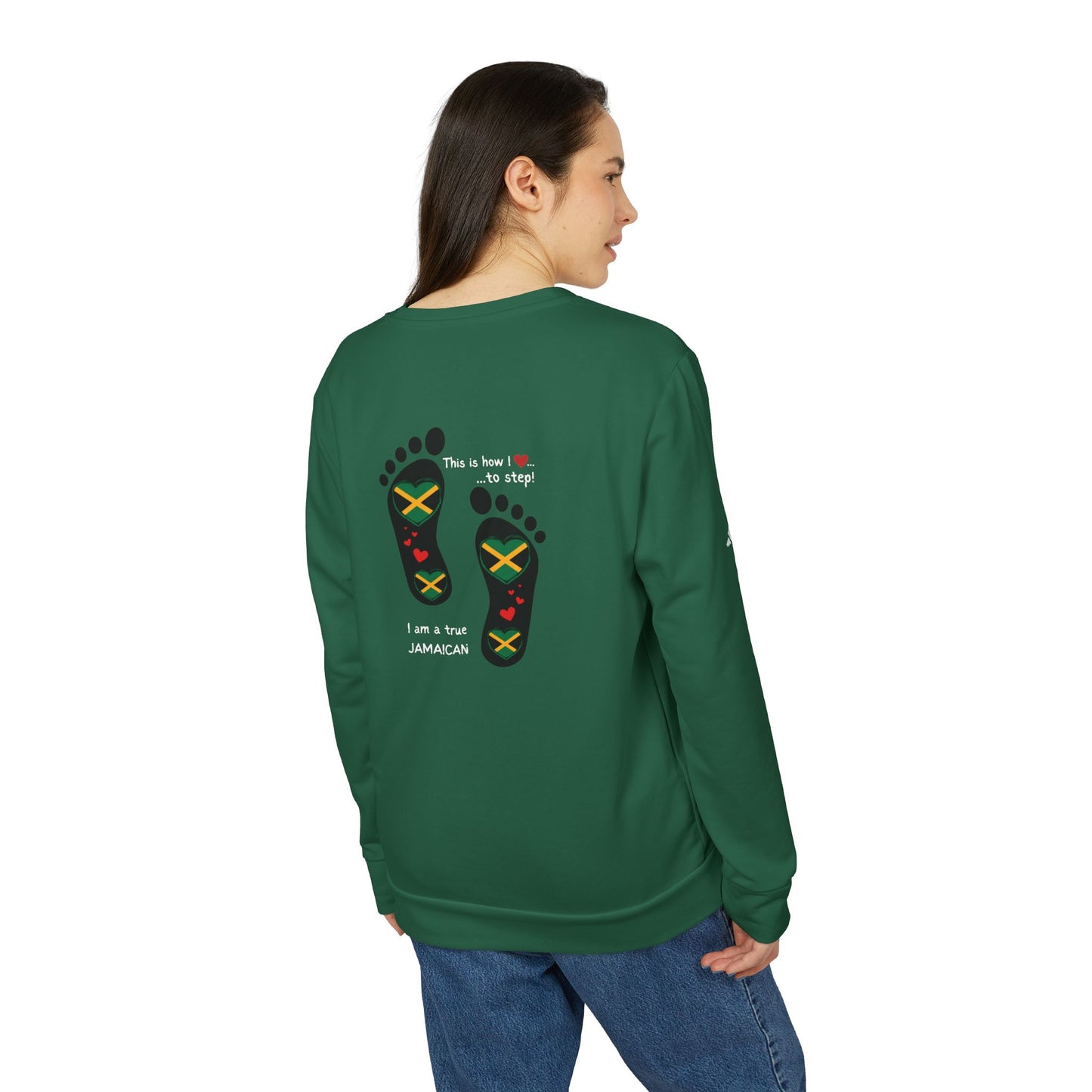 adidas® Unisex Fleece Crewneck Sweatshirt - LoveJustJules Heart-Shaped Flag of Jamaica in Footprints Top - A Fusion of Style, Patriotism, and adidas® Quality