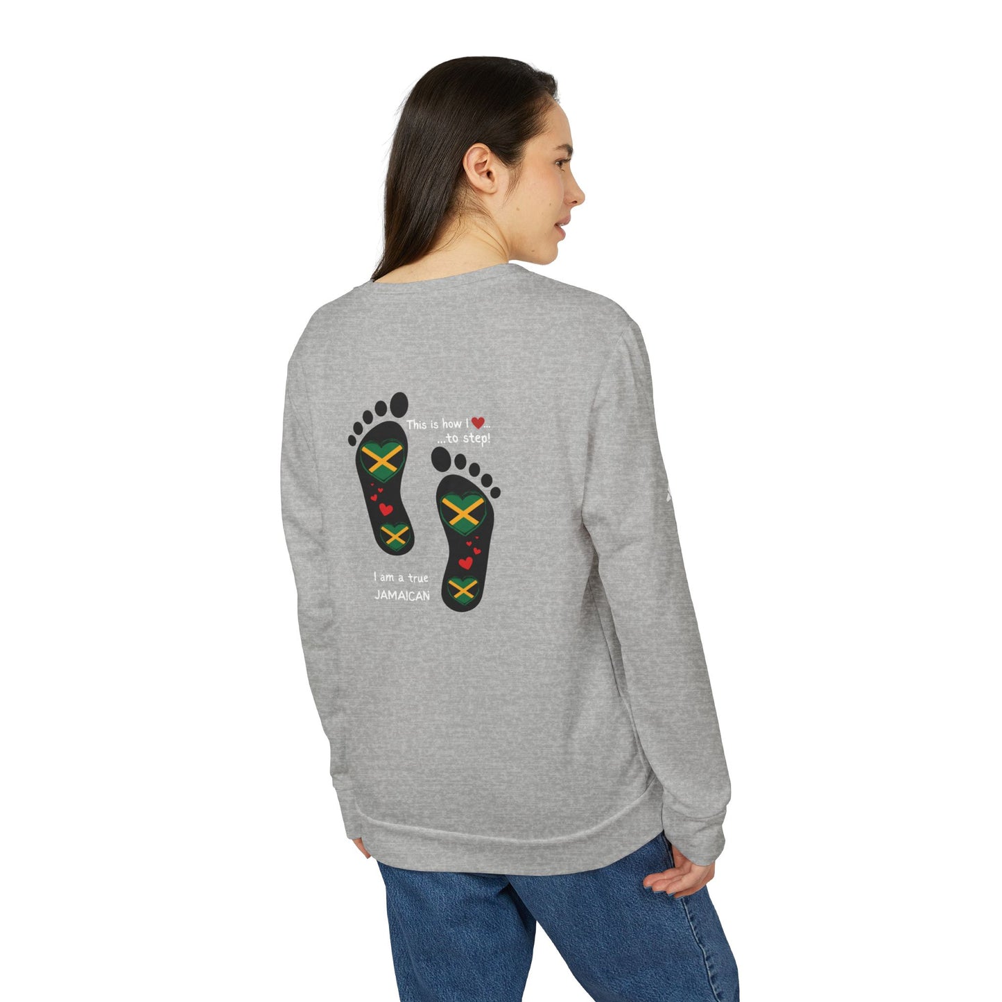 adidas® Unisex Fleece Crewneck Sweatshirt - LoveJustJules Heart-Shaped Flag of Jamaica in Footprints Top - A Fusion of Style, Patriotism, and adidas® Quality