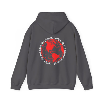 Red World Outline Hooded Top. Eco-friendly fashion with a message. Save the planet, unite the world.