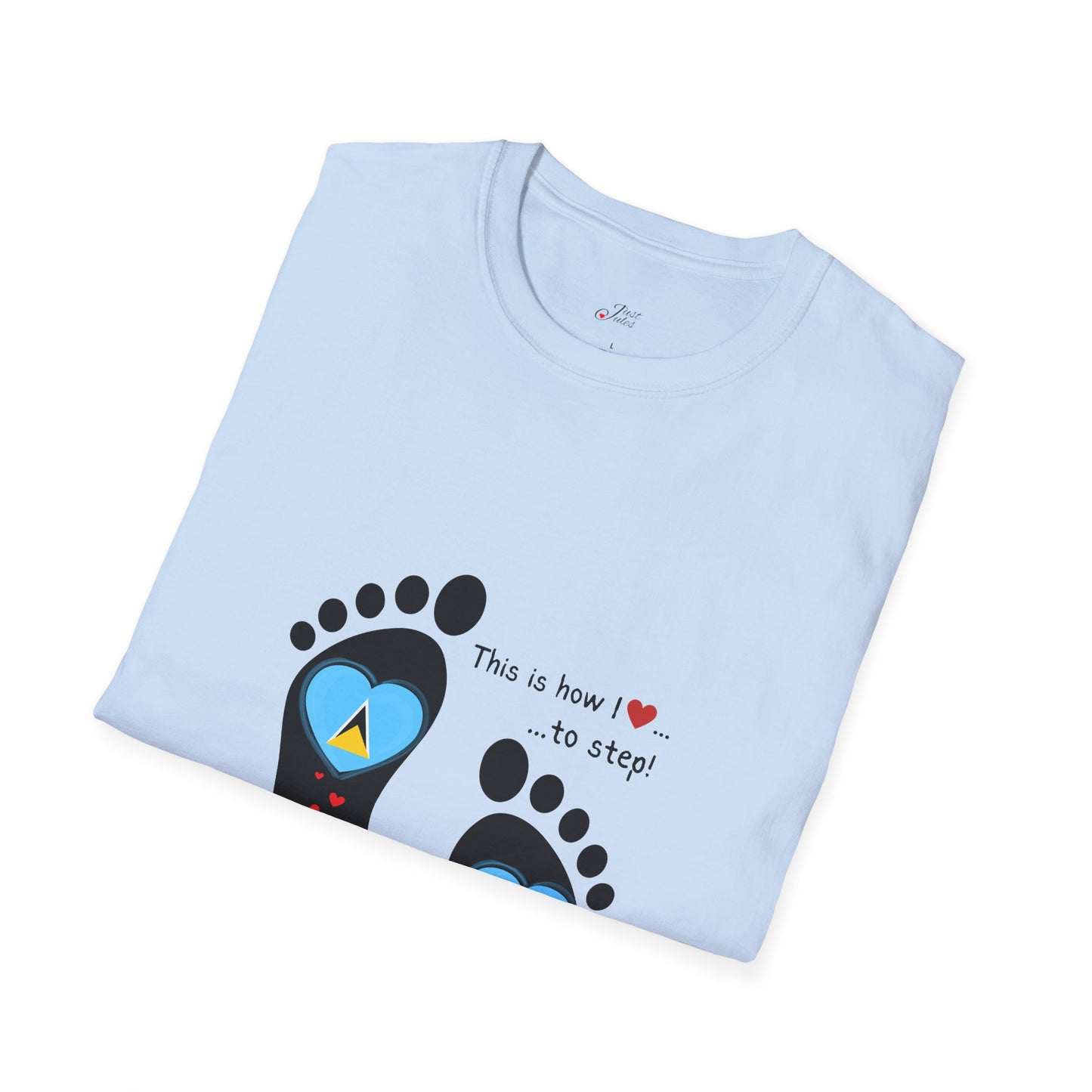 Step into Caribbean Elegance: Saint Lucia Heart-Shaped Flags in Footprints Unisex Softstyle Tee for Casual Comfort and Island Pride!