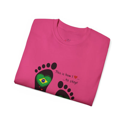 Front and Back Print Design - Brazil Heart-Shaped Flags in Footprints - Unisex Tee-Shirt Gift Idea