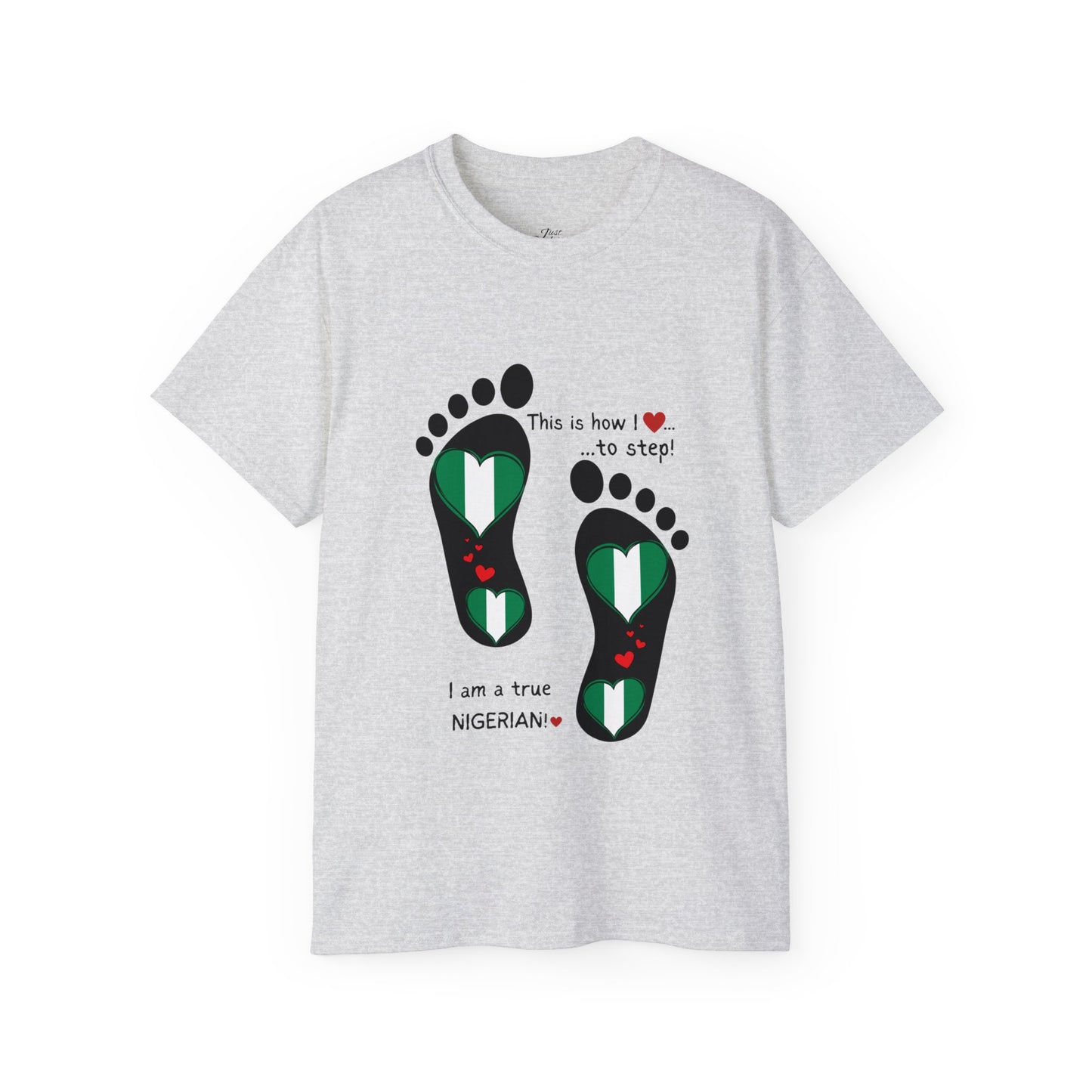 Unisex Ultra Cotton Tee - Nigerian Heart-Shaped Flag in Footprints