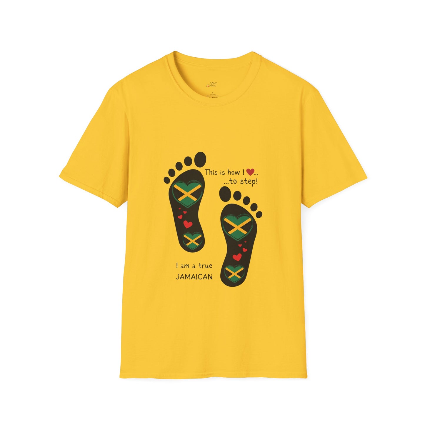 Heart-Shaped Jamaican Flag in Footsteps Unisex Softstyle Tee: Island Pride in Every Step! Jamaican Gift Idea. Love Jamaica. Heritage Pride.