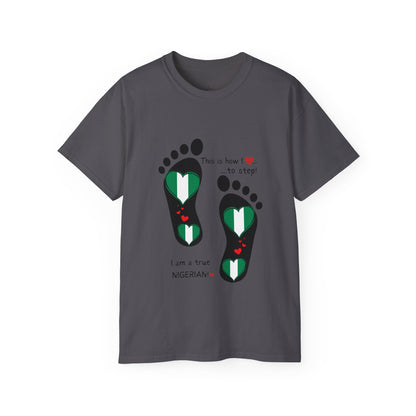 Unisex Ultra Cotton Tee - Nigerian Heart-Shaped Flag in Footprints