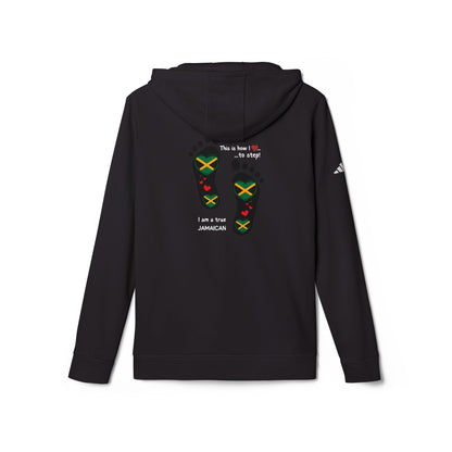 adidas® Unisex Fleece Hoodie - LoveJustJules Heart-Shaped Flag of Jamaica in Footprints Top - A Fusion of Style, Patriotism, and adidas® Quality -