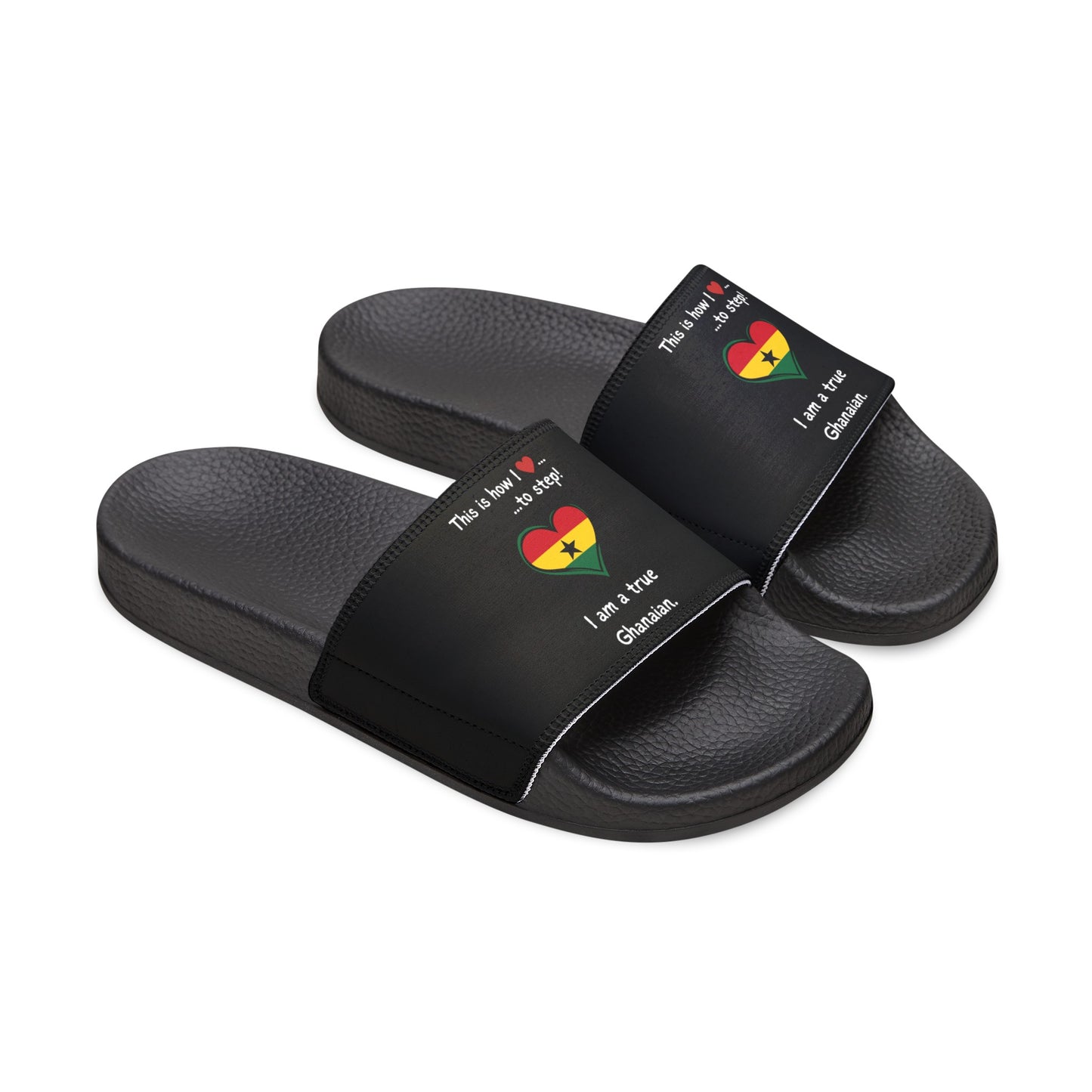 Women's PU Slide Sandals - Step into the vibrant culture of Ghana with our Heart-shaped flag slider footwear from LoveJustJules!