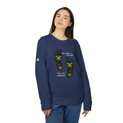 adidas® Unisex Fleece Crewneck Sweatshirt - LoveJustJules Heart-Shaped Flag of Jamaica in Footprints Top - A Fusion of Style, Patriotism, and adidas® Quality