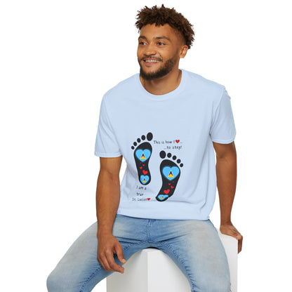 Step into Caribbean Elegance: Saint Lucia Heart-Shaped Flags in Footprints Unisex Softstyle Tee for Casual Comfort and Island Pride!