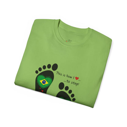 Front and Back Print Design - Brazil Heart-Shaped Flags in Footprints - Unisex Tee-Shirt Gift Idea