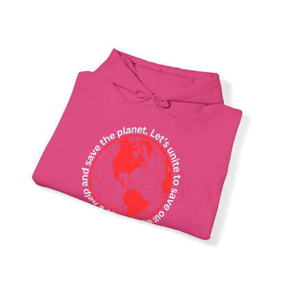 Red World Outline Hooded Top. Eco-friendly fashion with a message. Save the planet, unite the world.