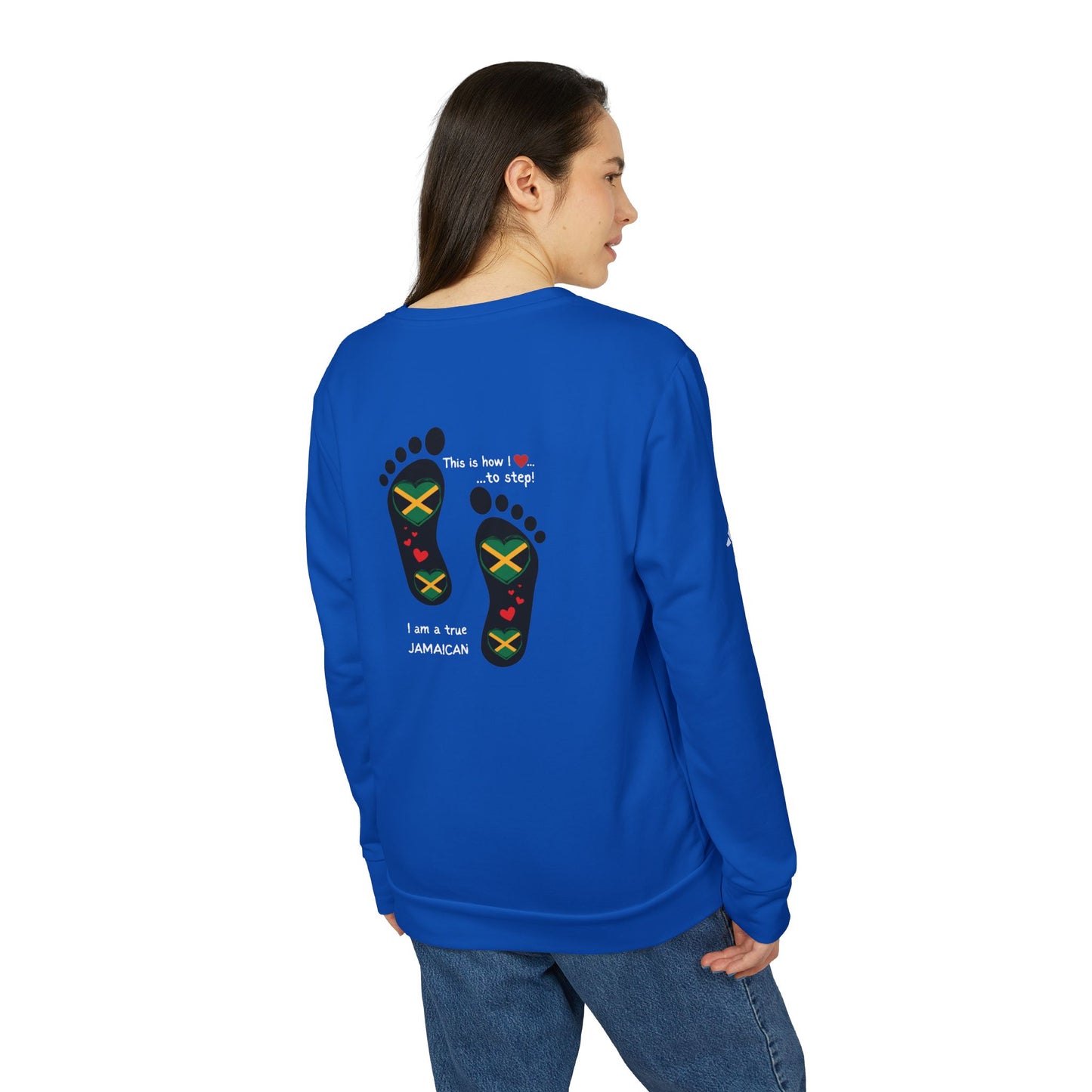 adidas® Unisex Fleece Crewneck Sweatshirt - LoveJustJules Heart-Shaped Flag of Jamaica in Footprints Top - A Fusion of Style, Patriotism, and adidas® Quality