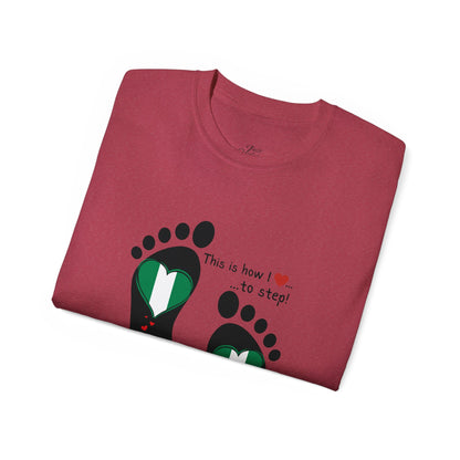 Unisex Ultra Cotton Tee - Nigerian Heart-Shaped Flag in Footprints