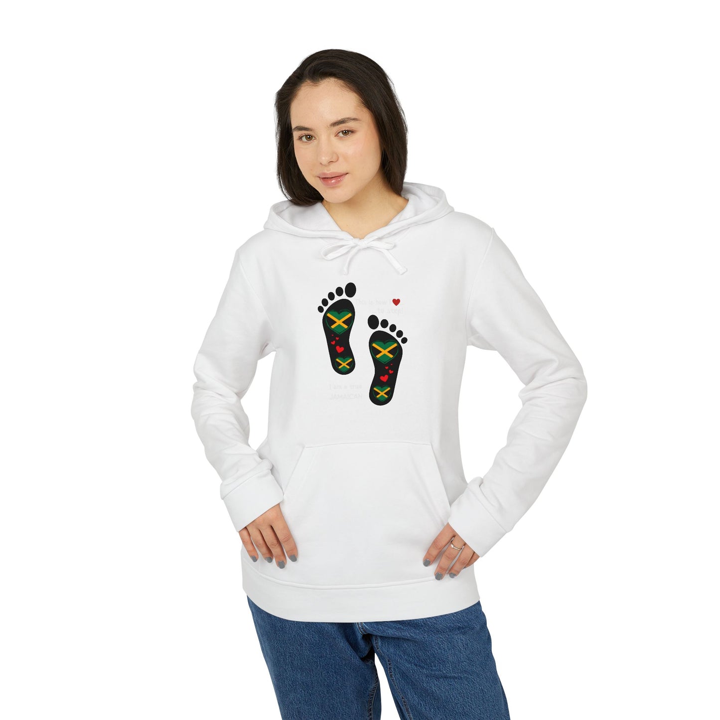 adidas® Unisex Fleece Hoodie - LoveJustJules Heart-Shaped Flag of Jamaica in Footprints Top - A Fusion of Style, Patriotism, and adidas® Quality -