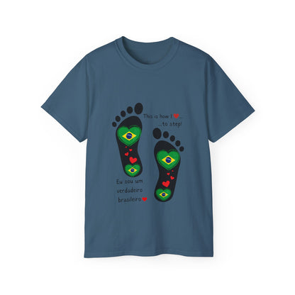 Front and Back Print Design - Brazil Heart-Shaped Flags in Footprints - Unisex Tee-Shirt Gift Idea